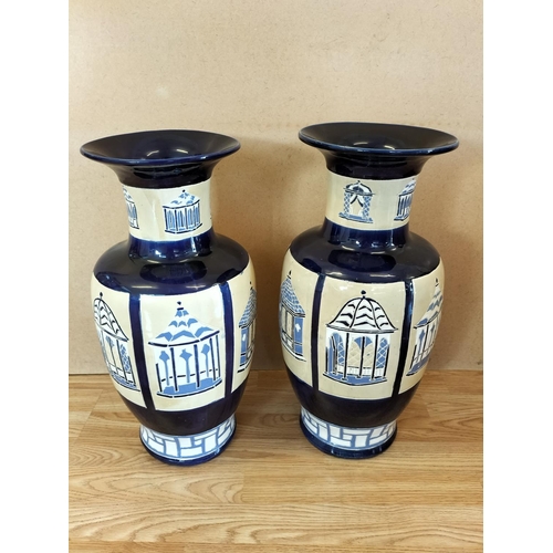 333 - Pair of Large 53cm Ceramic Baluster Gazebo/Pagoda Vases. Unmarked, Possibly Brannam Pottery.