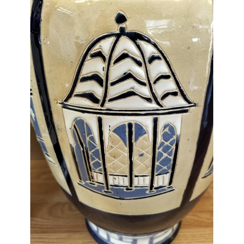 333 - Pair of Large 53cm Ceramic Baluster Gazebo/Pagoda Vases. Unmarked, Possibly Brannam Pottery.