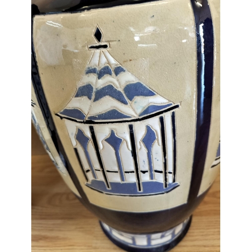 333 - Pair of Large 53cm Ceramic Baluster Gazebo/Pagoda Vases. Unmarked, Possibly Brannam Pottery.