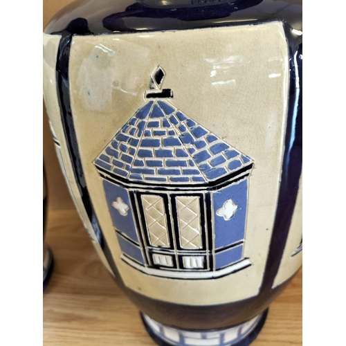 333 - Pair of Large 53cm Ceramic Baluster Gazebo/Pagoda Vases. Unmarked, Possibly Brannam Pottery.