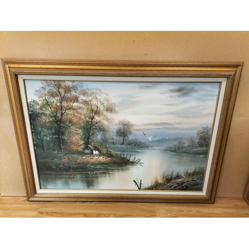 342 - Framed Oil on Canvas of a Lake Scene with Cottage and Birds in Flight. Signed to Bottom Right. 109cm... 