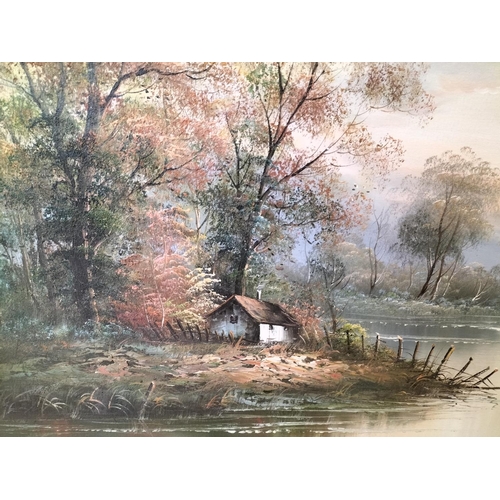 342 - Framed Oil on Canvas of a Lake Scene with Cottage and Birds in Flight. Signed to Bottom Right. 109cm... 