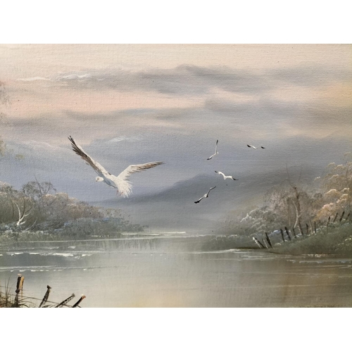 342 - Framed Oil on Canvas of a Lake Scene with Cottage and Birds in Flight. Signed to Bottom Right. 109cm... 