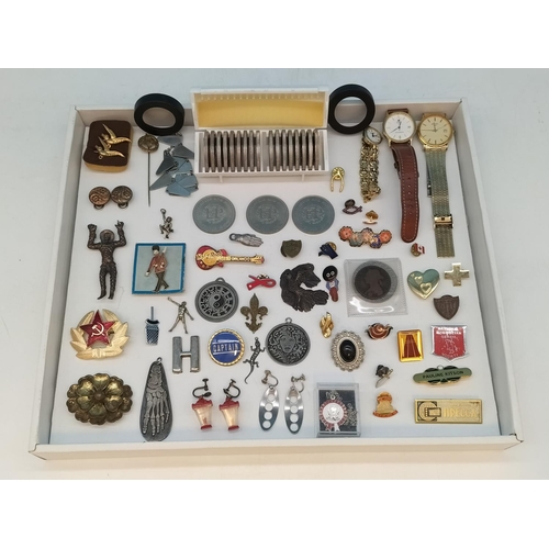 352 - Collection of Commemorative Coins in Case, Badges, Pendants, Watches, etc.