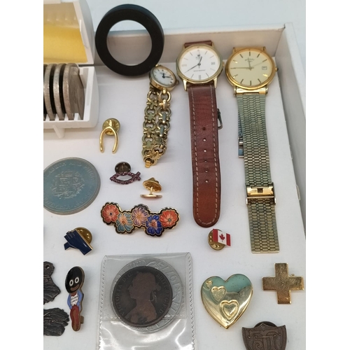 352 - Collection of Commemorative Coins in Case, Badges, Pendants, Watches, etc.