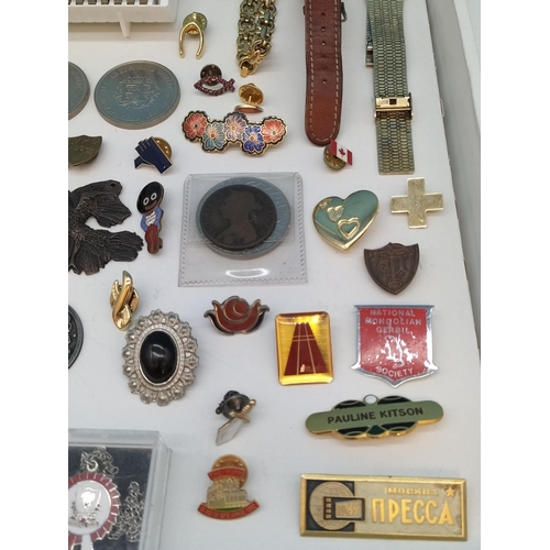 352 - Collection of Commemorative Coins in Case, Badges, Pendants, Watches, etc.
