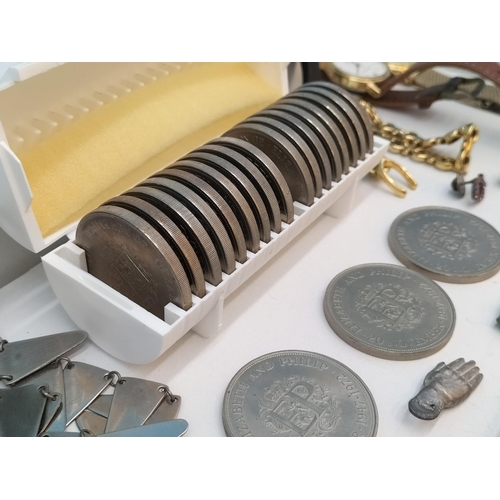 352 - Collection of Commemorative Coins in Case, Badges, Pendants, Watches, etc.