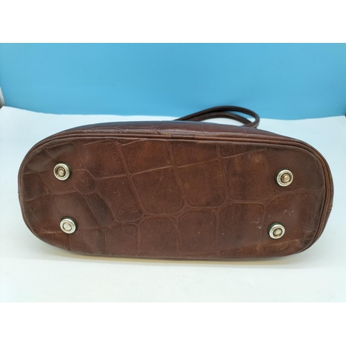 37 - Vintage Mulberry Brown Crocodile Leather Brown Bag with Checkered Print Fabric Interior. Serial No 8... 