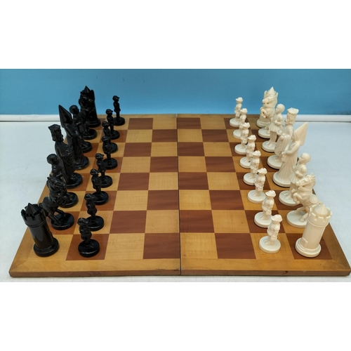 63 - Weighted Plastic Medieval Chess Set plus Folding Wooden Chess Board. Tallest Piece 10cm.