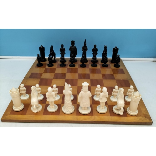 63 - Weighted Plastic Medieval Chess Set plus Folding Wooden Chess Board. Tallest Piece 10cm.