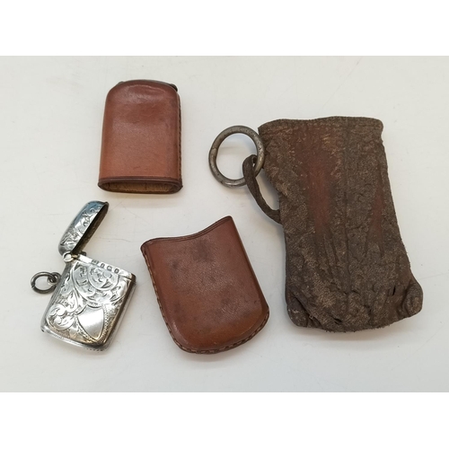 93 - Silver (Birmingham Hallmarked 1907) Vesta Case with Leather Pouches.  16.6 Grams.