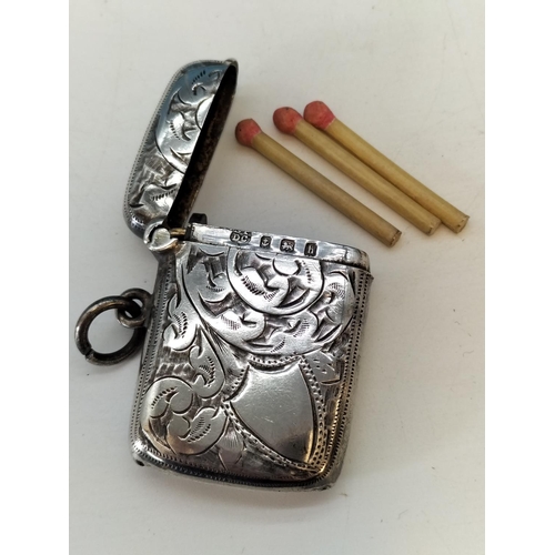 93 - Silver (Birmingham Hallmarked 1907) Vesta Case with Leather Pouches.  16.6 Grams.