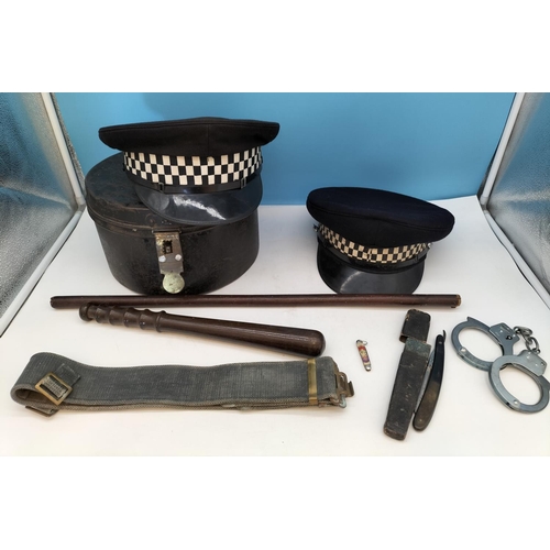 359 - Metal Hat Case, Coronation Pen Knife, Cut Throat Razor, Truncheon, Police Hats, Handcuffs, Leather C... 