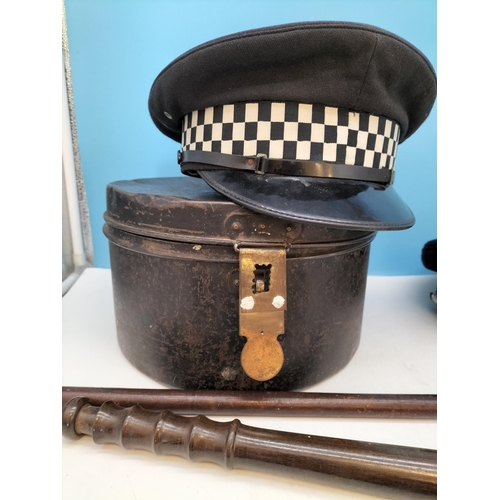 359 - Metal Hat Case, Coronation Pen Knife, Cut Throat Razor, Truncheon, Police Hats, Handcuffs, Leather C... 