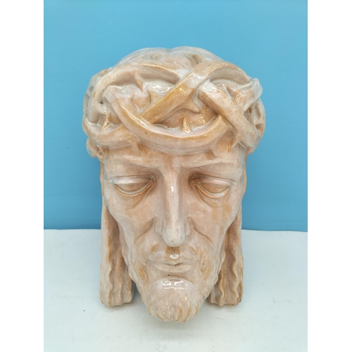 14 - Majolica Wall Mask of Jesus Marked Walter u Franzl to Back and Dated 1934. 33cm High, 22cm x 19cm.