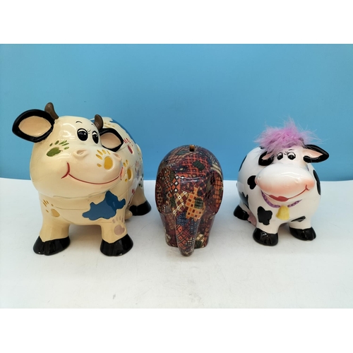 187 - Money Boxes with Stoppers (3) to include Cows (2) and Elephant. Largest