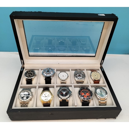 192 - Watch Box with 10 Watches W/O to include Motion, Fubu, Neon Time, etc. Some Wear to Box.