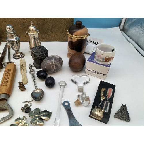 348 - Vintage Brass Covered Wooden Box containing a Selection of Collectables to include Polished Egg, Bot... 