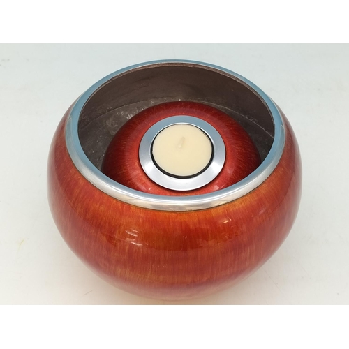 375 - Vibrant Enamelled Metal Bowl plus Matching Tealight Holder. Bowl 13cm High, 18cm Diameter.
