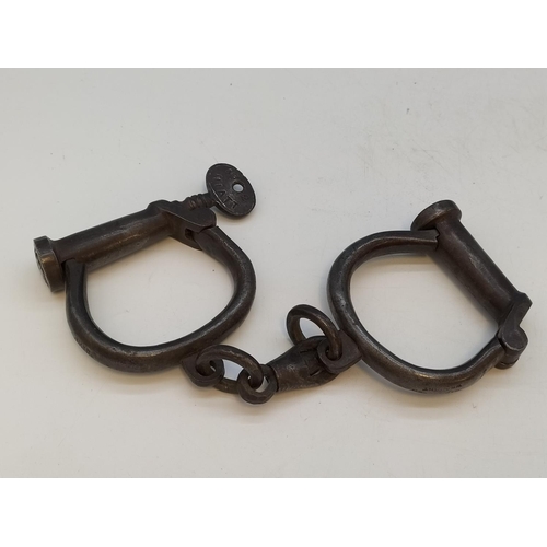 41 - Set of Genuine Late Victorian/Early Edwardian Hiatt No2 Wrought Iron Handcuffs with Key.
