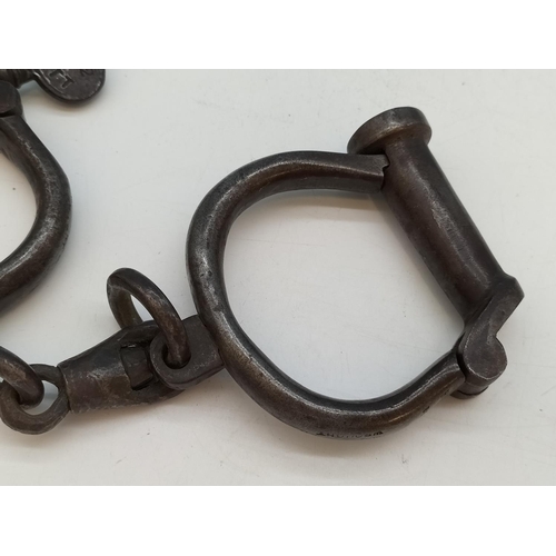 41 - Set of Genuine Late Victorian/Early Edwardian Hiatt No2 Wrought Iron Handcuffs with Key.