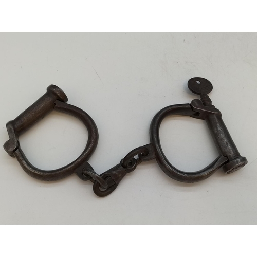 41 - Set of Genuine Late Victorian/Early Edwardian Hiatt No2 Wrought Iron Handcuffs with Key.