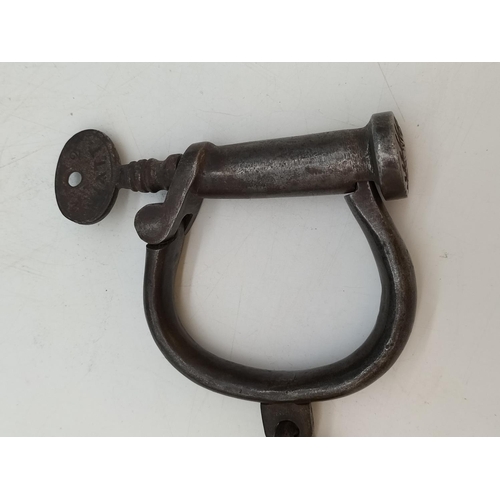41 - Set of Genuine Late Victorian/Early Edwardian Hiatt No2 Wrought Iron Handcuffs with Key.