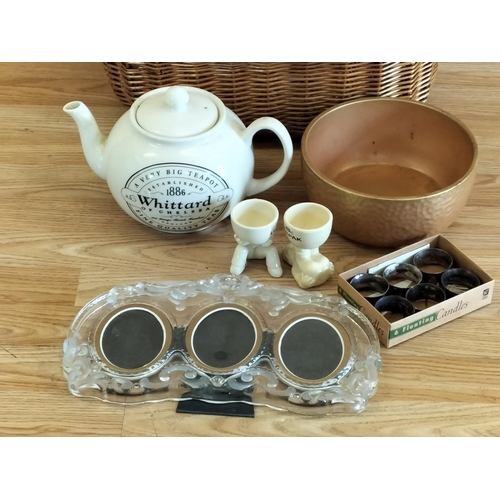 96 - Wicker Shopping Basket with Contents to include Whittard of Chelsea Teapot, Glass Triple Picture Fra... 