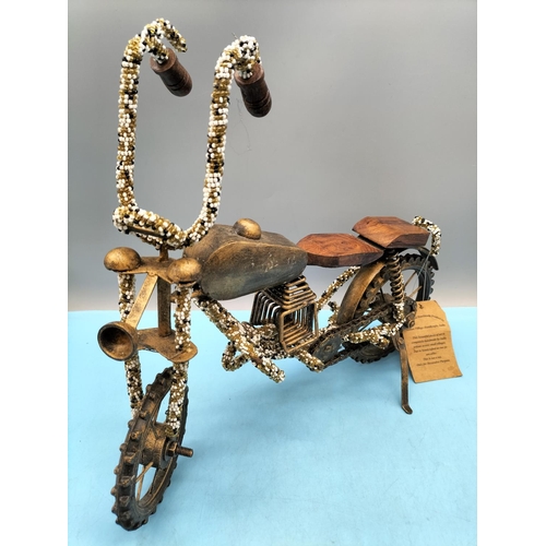 389 - Large Hand Crafted Wood and Cast Metal Model of a Motorbike. 32cm High x 41cm