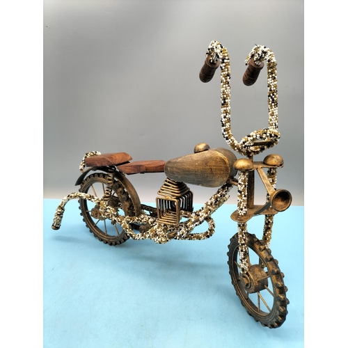 389 - Large Hand Crafted Wood and Cast Metal Model of a Motorbike. 32cm High x 41cm
