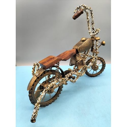 389 - Large Hand Crafted Wood and Cast Metal Model of a Motorbike. 32cm High x 41cm