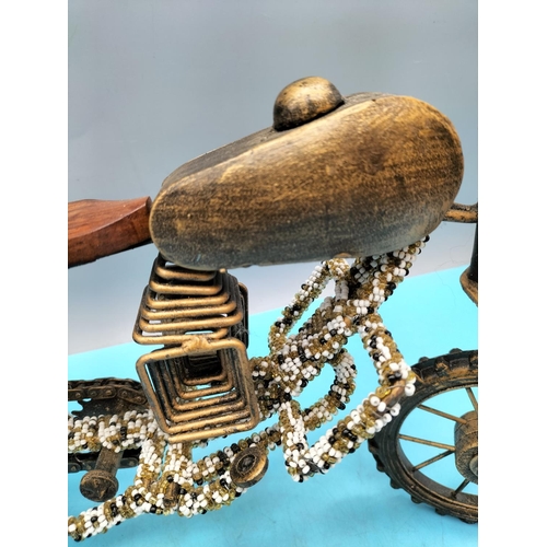 389 - Large Hand Crafted Wood and Cast Metal Model of a Motorbike. 32cm High x 41cm