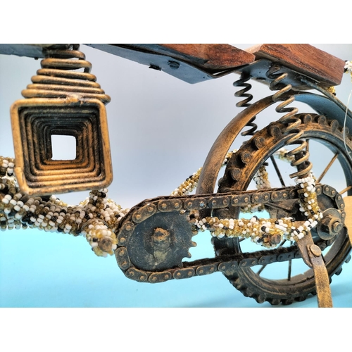 389 - Large Hand Crafted Wood and Cast Metal Model of a Motorbike. 32cm High x 41cm