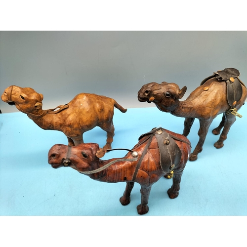 392 - 3 x Leather Camels. Largest 18cm High x 23cm.