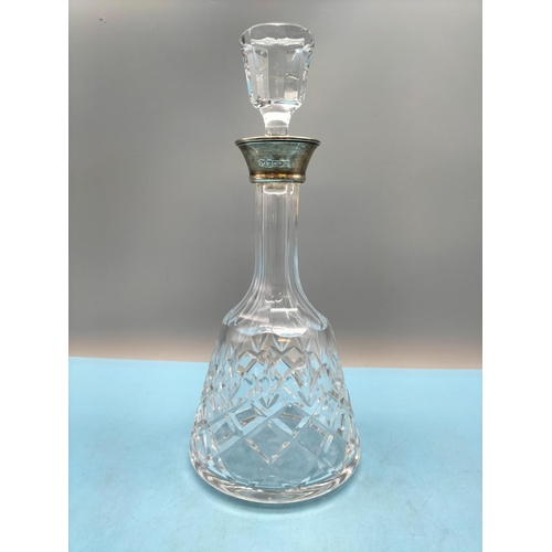 399 - Sterling Silver Collared Crystal Glass Decanter 31cm Tall.