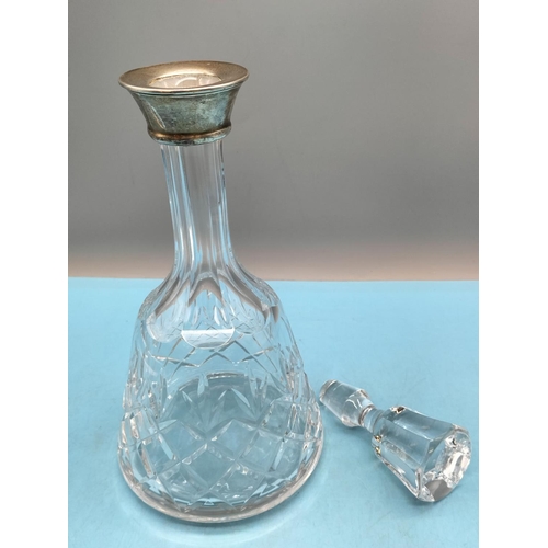 399 - Sterling Silver Collared Crystal Glass Decanter 31cm Tall.