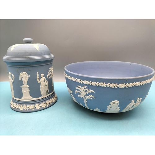 215 - Wedgwood Jasper Large 18cm High Tobacco Jar plus Fruit Bowl.