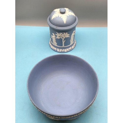 215 - Wedgwood Jasper Large 18cm High Tobacco Jar plus Fruit Bowl.