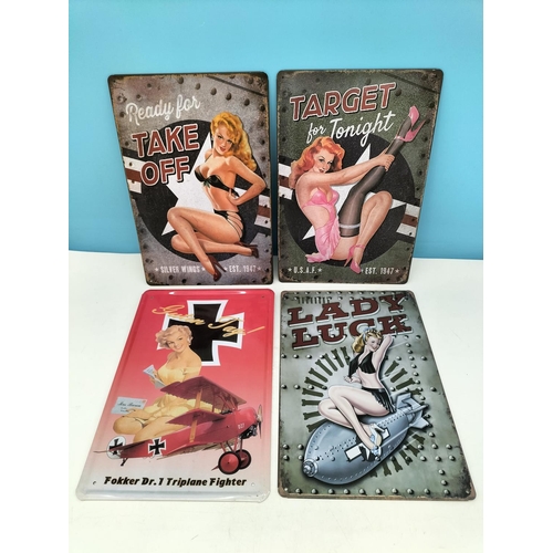 223 - War Time Plane Pin Up Design Tin Signs (4). 30cm x 20cm.