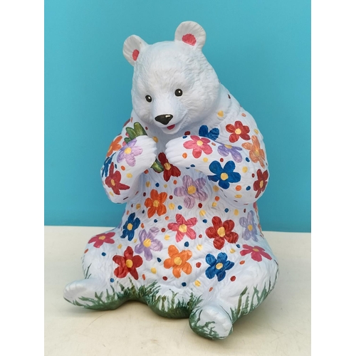 40 - Unusual Hand Painted Bear with Flower and House Design. 21cm Tall. Marked Sam April 2020.