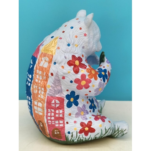 40 - Unusual Hand Painted Bear with Flower and House Design. 21cm Tall. Marked Sam April 2020.