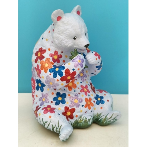 40 - Unusual Hand Painted Bear with Flower and House Design. 21cm Tall. Marked Sam April 2020.