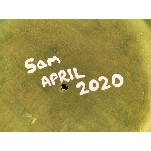 40 - Unusual Hand Painted Bear with Flower and House Design. 21cm Tall. Marked Sam April 2020.