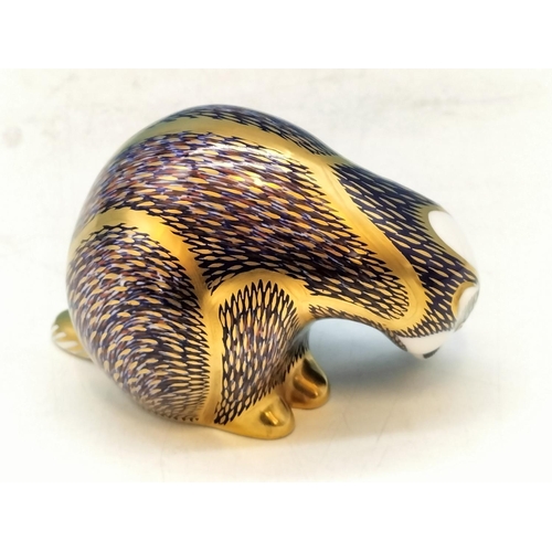 28 - Royal Crown Derby 'Badger' Paperweight, Gold Stopper. 8cm High.