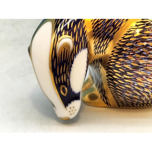 28 - Royal Crown Derby 'Badger' Paperweight, Gold Stopper. 8cm High.