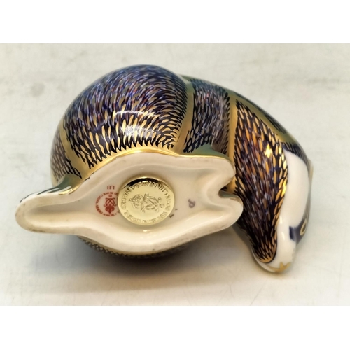 28 - Royal Crown Derby 'Badger' Paperweight, Gold Stopper. 8cm High.