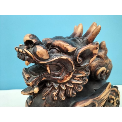 61 - Large Pair of Resin Foo Dogs. 29cm High, 27cm x 17cm. Damage to One Foot.