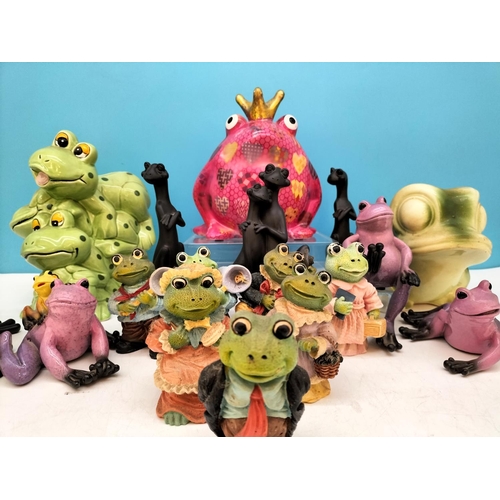 127 - Collection of Frog Money Boxes and Figures to include Ceramic and Resin Sets. Tallest 20cm.