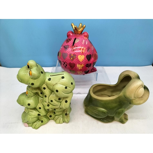 127 - Collection of Frog Money Boxes and Figures to include Ceramic and Resin Sets. Tallest 20cm.