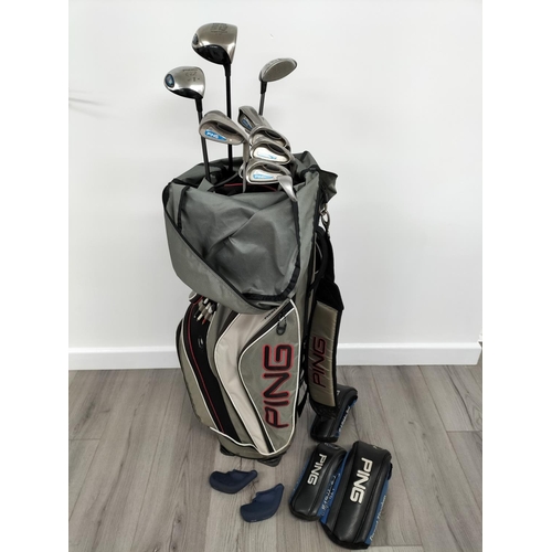 110 - Ping Carry Golf Bag containing a Set of Right Handed Ping G2 Irons, Ping TFC 100 Woods (7 & 3) with ... 